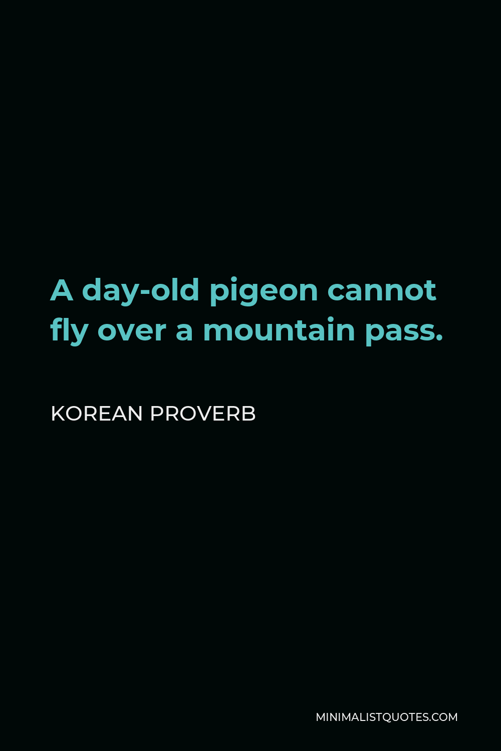 Korean Proverb Quote - A day-old pigeon cannot fly over a mountain pass.