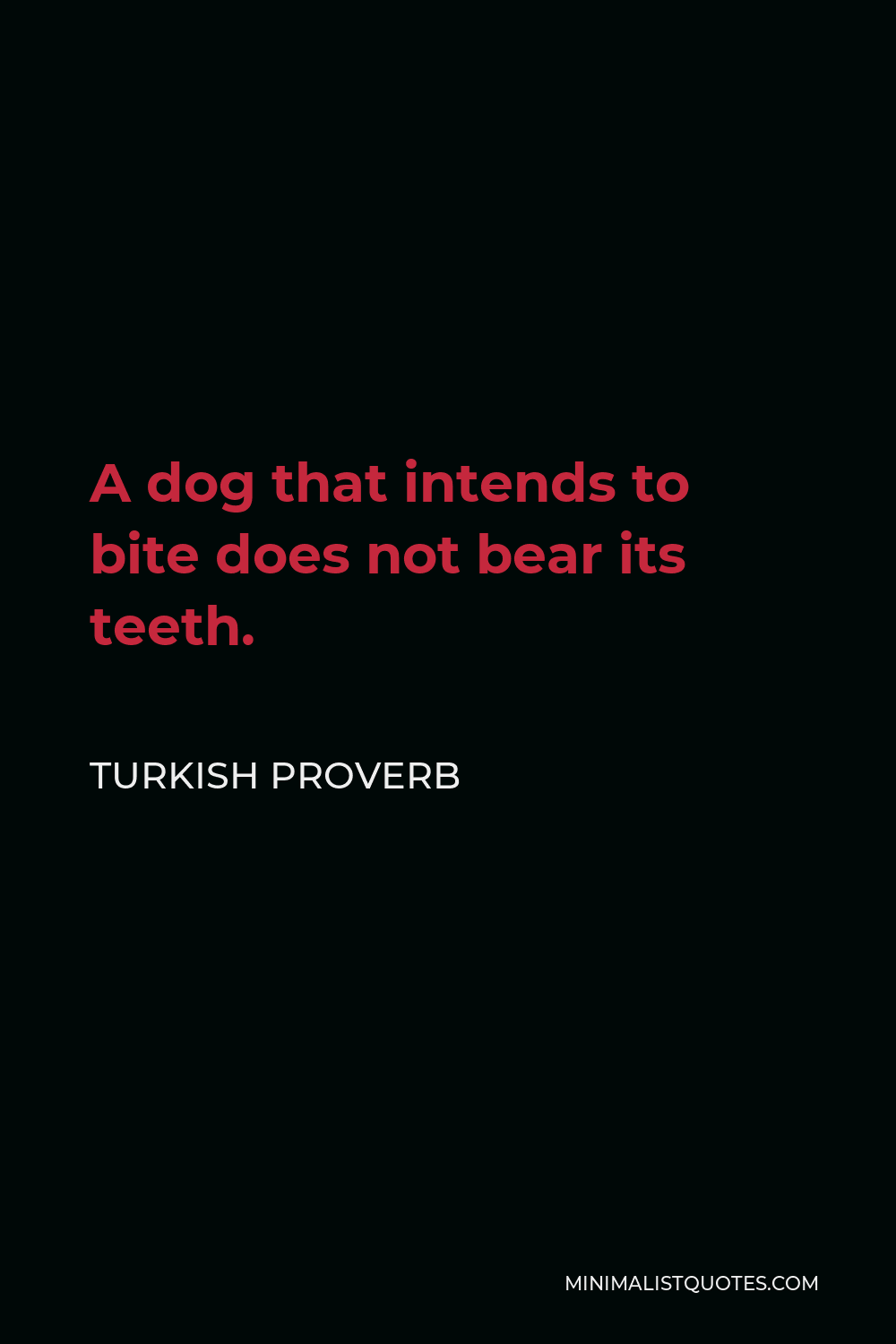 Turkish Proverb Quote - A dog that intends to bite does not bear its teeth.