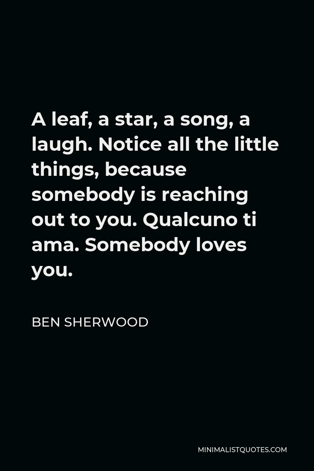 Ben Sherwood Quote - A leaf, a star, a song, a laugh. Notice all the little things, because somebody is reaching out to you. Qualcuno ti ama. Somebody loves you.