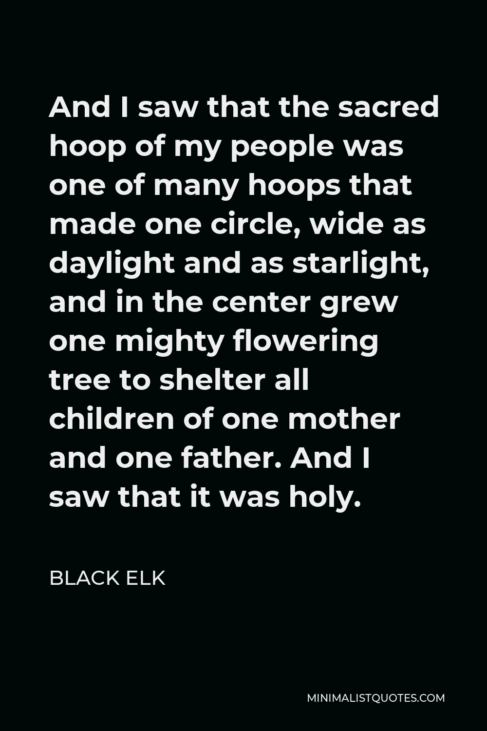 Black Elk Quote - And I saw that the sacred hoop of my people was one of many hoops that made one circle, wide as daylight and as starlight, and in the center grew one mighty flowering tree to shelter all children of one mother and one father. And I saw that it was holy.