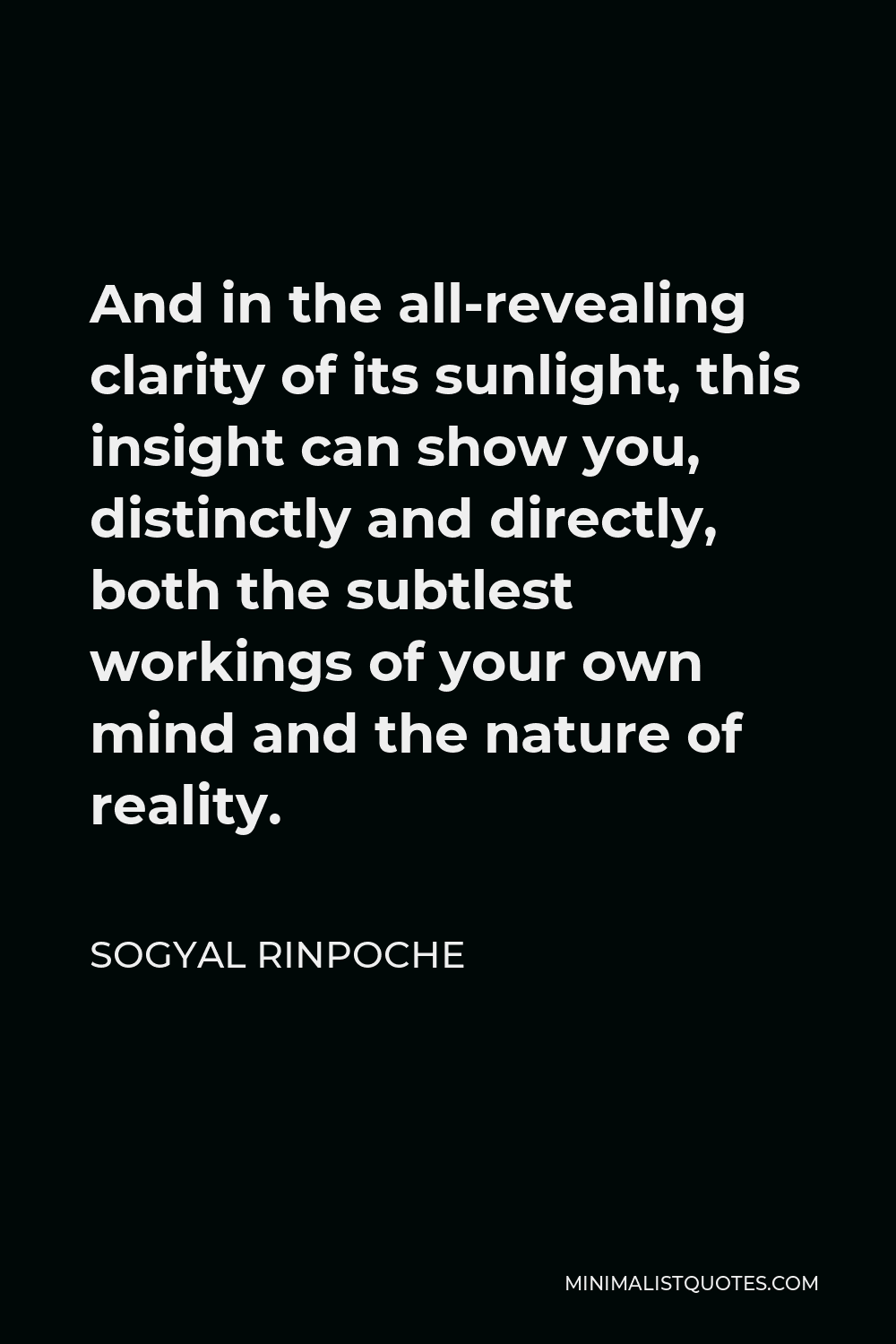 Sogyal Rinpoche Quote - And in the all-revealing clarity of its sunlight, this insight can show you, distinctly and directly, both the subtlest workings of your own mind and the nature of reality.