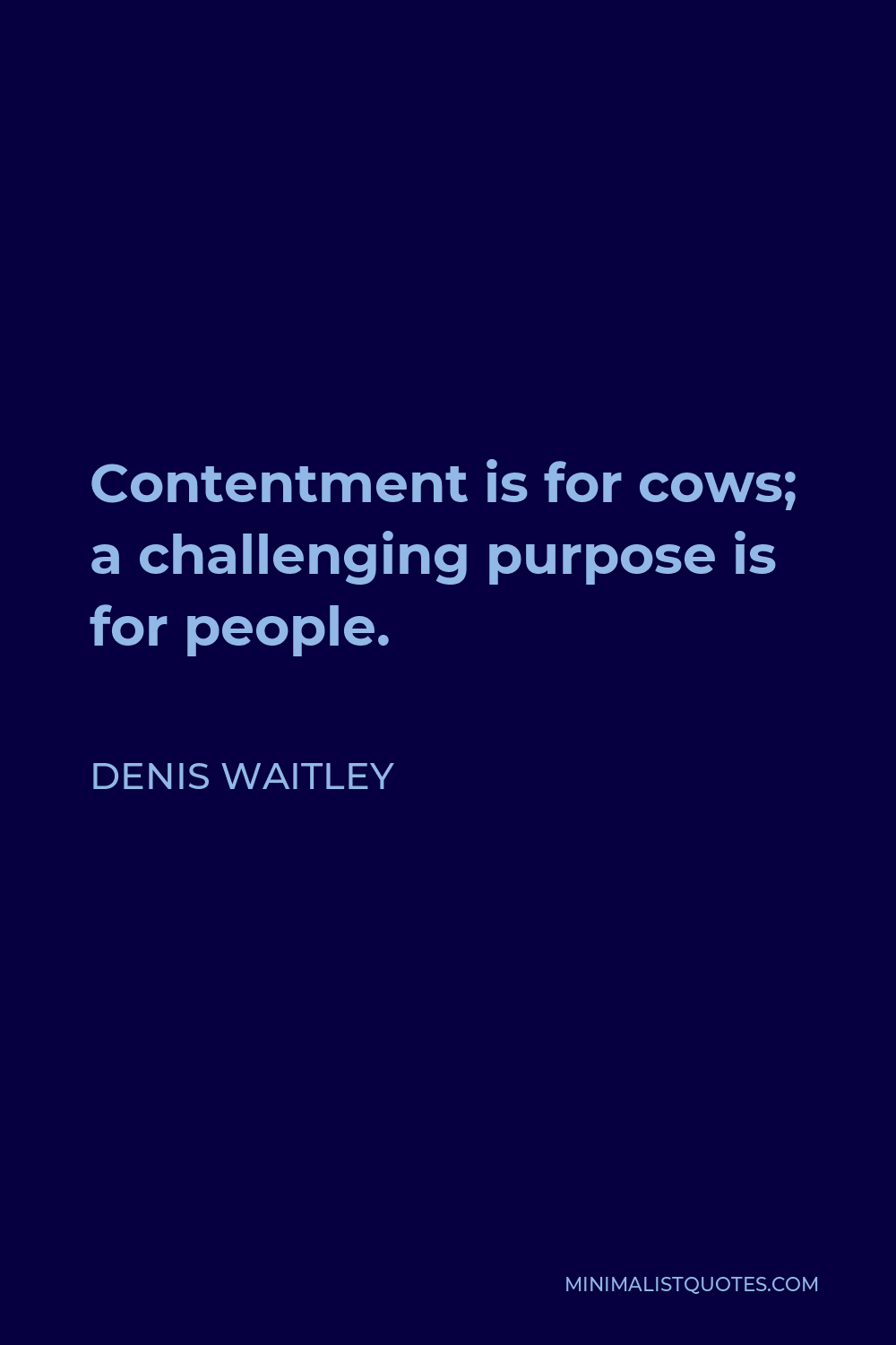 Denis Waitley Quote - Contentment is for cows; a challenging purpose is for people.