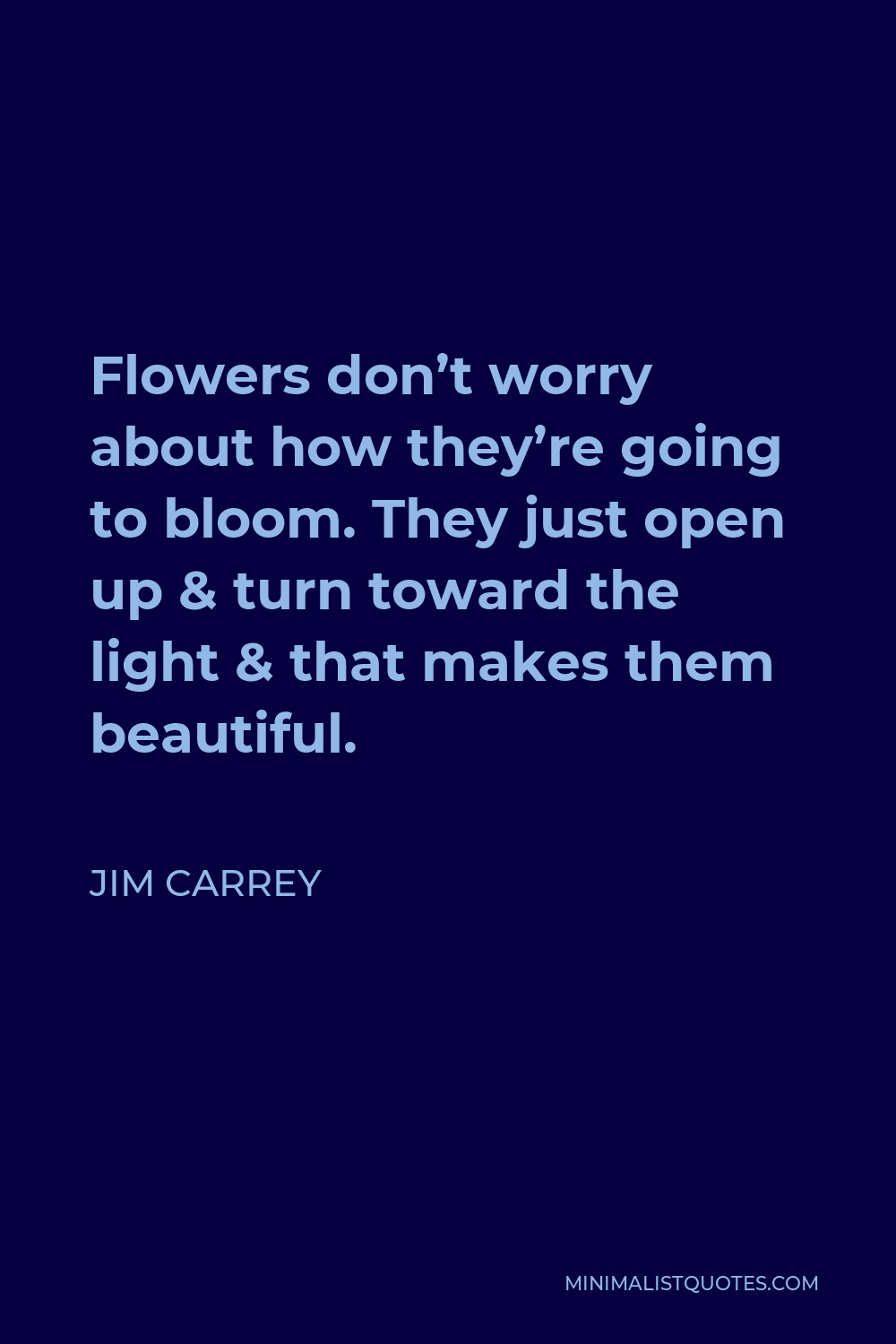 Jim Carrey Quote - Flowers don’t worry about how they’re going to bloom. They just open up & turn toward the light & that makes them beautiful.