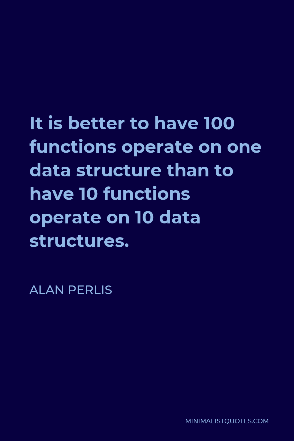 Alan Perlis Quote - It is better to have 100 functions operate on one data structure than to have 10 functions operate on 10 data structures.