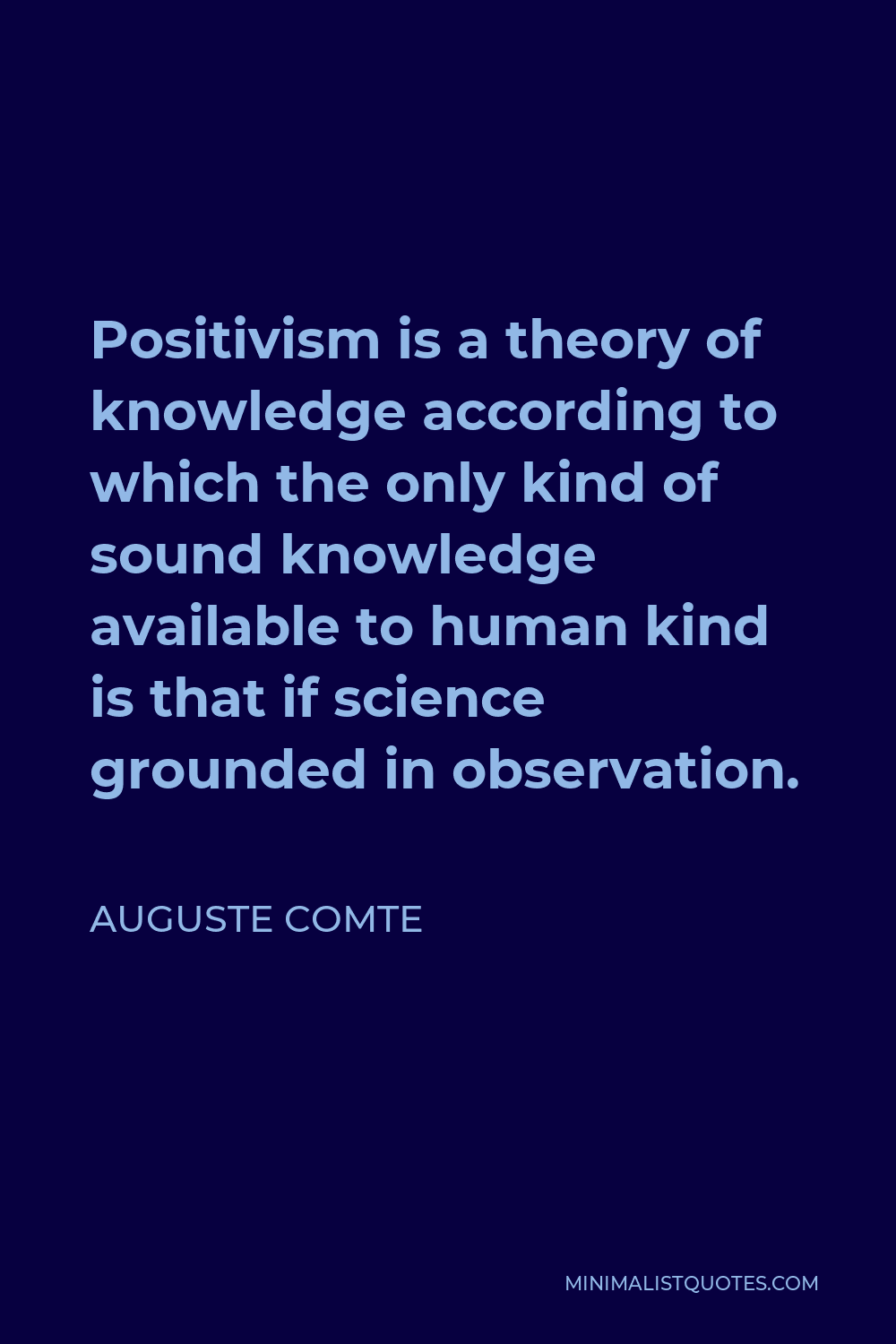 Auguste Comte Quote - Positivism is a theory of knowledge according to which the only kind of sound knowledge available to human kind is that if science grounded in observation.
