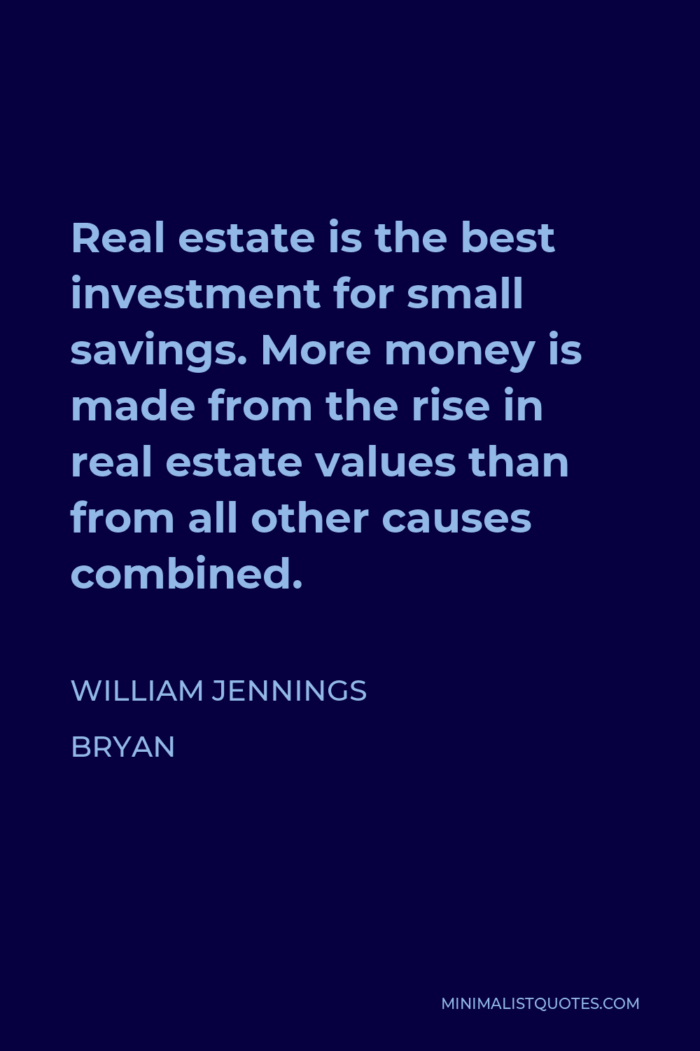 William Jennings Bryan Quote - Real estate is the best investment for small savings. More money is made from the rise in real estate values than from all other causes combined.