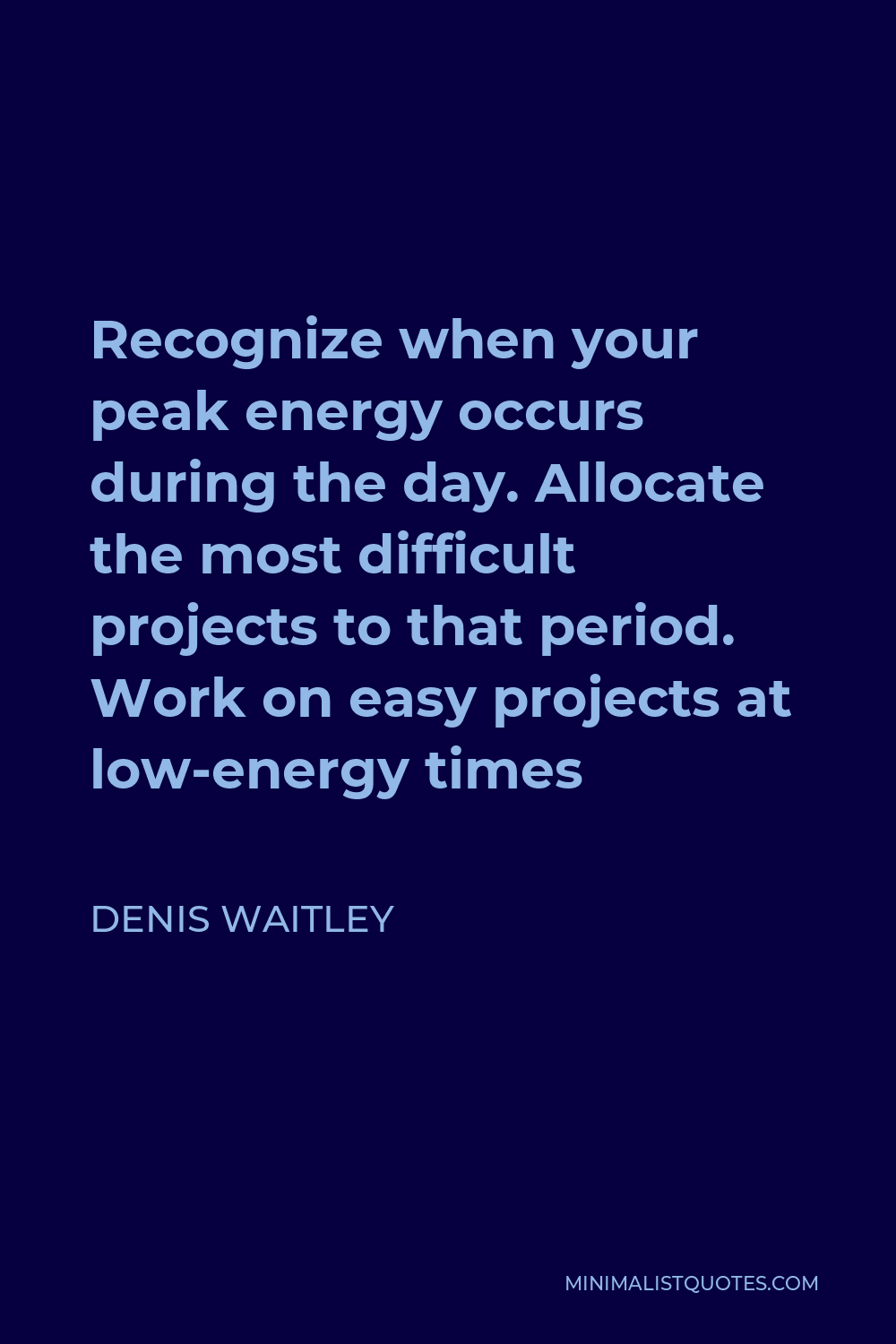 Denis Waitley Quote - Recognize when your peak energy occurs during the day. Allocate the most difficult projects to that period. Work on easy projects at low-energy times
