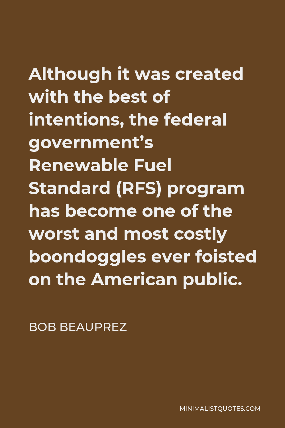 Bob Beauprez Quote - Although it was created with the best of intentions, the federal government’s Renewable Fuel Standard (RFS) program has become one of the worst and most costly boondoggles ever foisted on the American public.