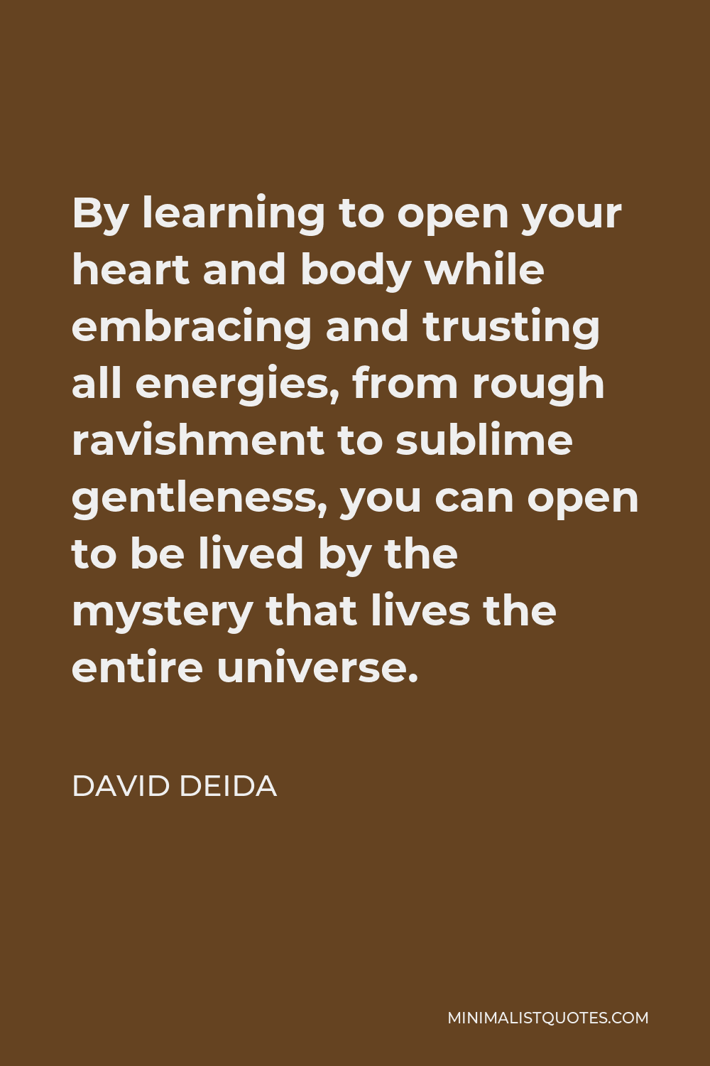 David Deida Quote - By learning to open your heart and body while embracing and trusting all energies, from rough ravishment to sublime gentleness, you can open to be lived by the mystery that lives the entire universe.