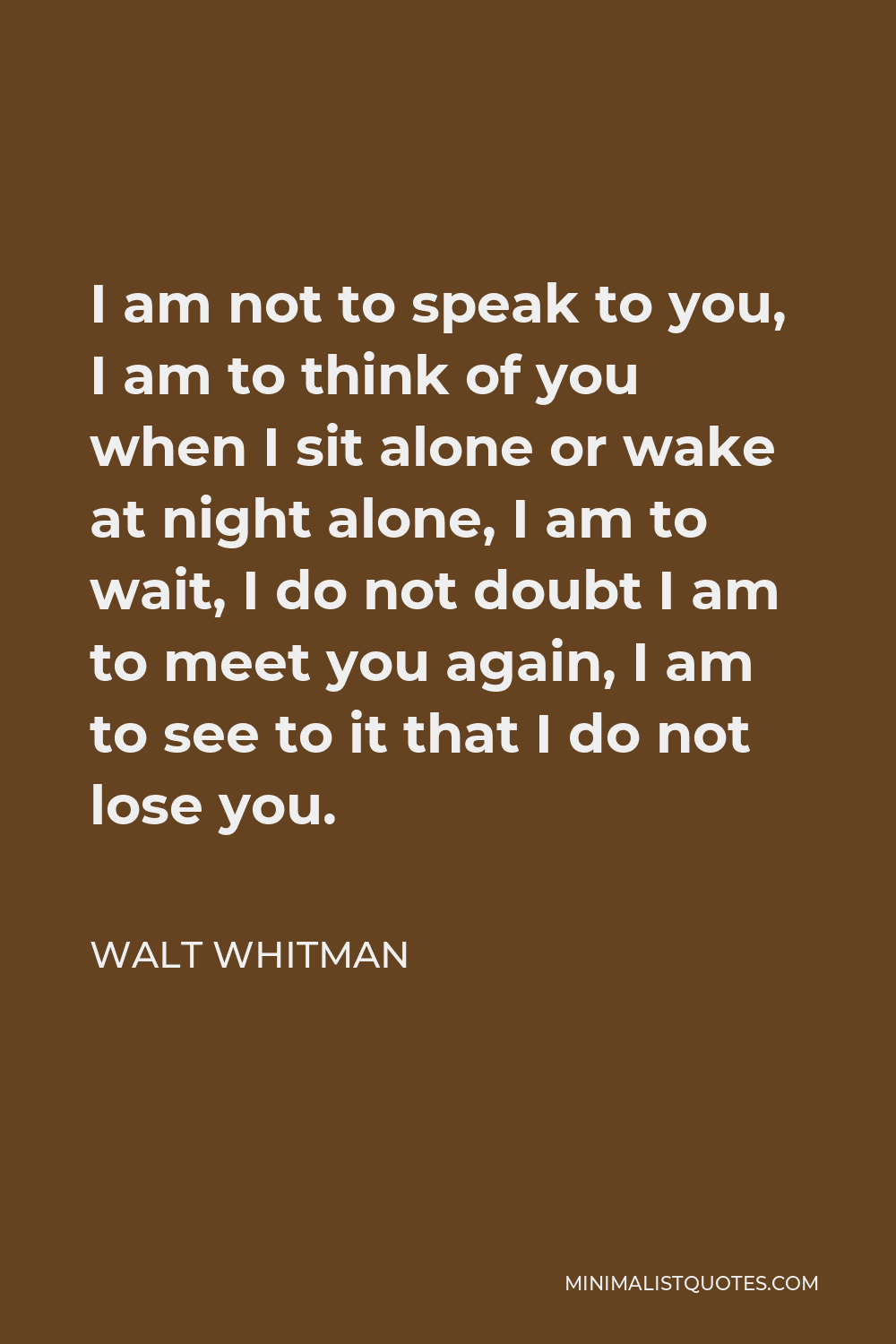 Walt Whitman Quote - I am not to speak to you, I am to think of you when I sit alone or wake at night alone, I am to wait, I do not doubt I am to meet you again, I am to see to it that I do not lose you.