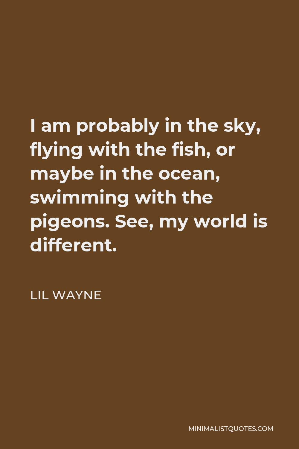 Lil Wayne Quote - I am probably in the sky, flying with the fish, or maybe in the ocean, swimming with the pigeons. See, my world is different.
