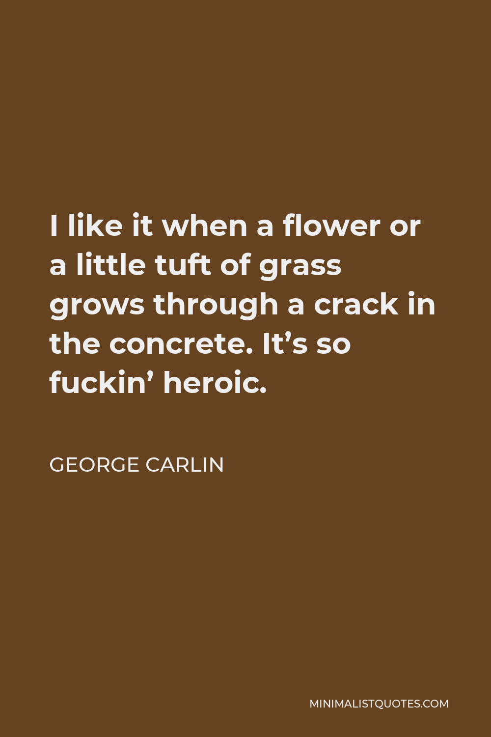 George Carlin Quote - I like it when a flower or a little tuft of grass grows through a crack in the concrete. It’s so fuckin’ heroic.