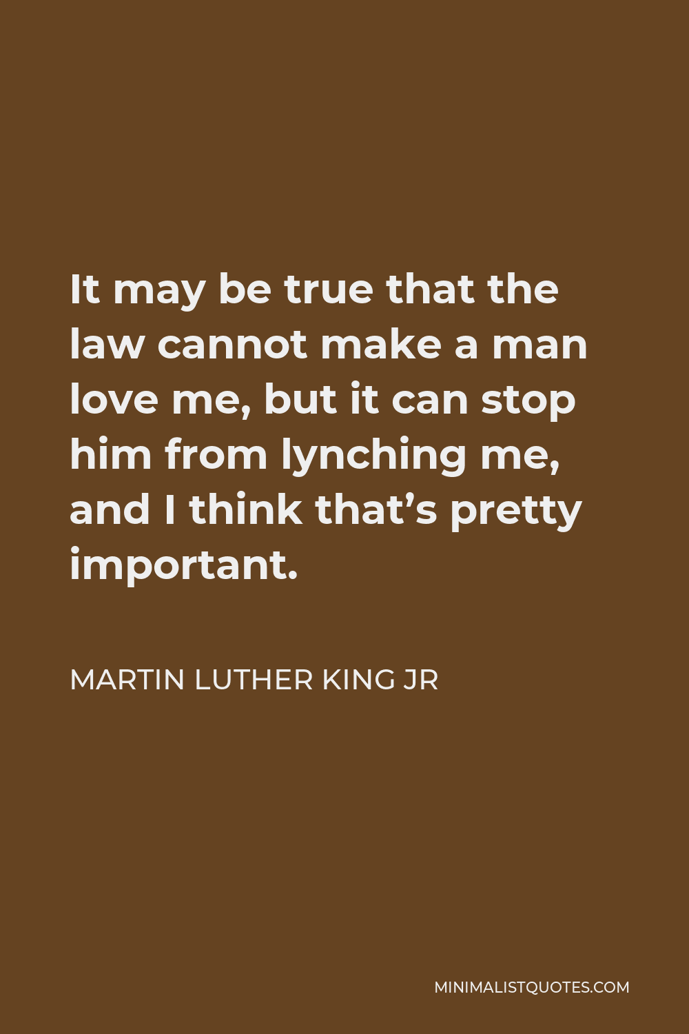 Martin Luther King Jr Quote - It may be true that the law cannot make a man love me, but it can stop him from lynching me, and I think that’s pretty important.