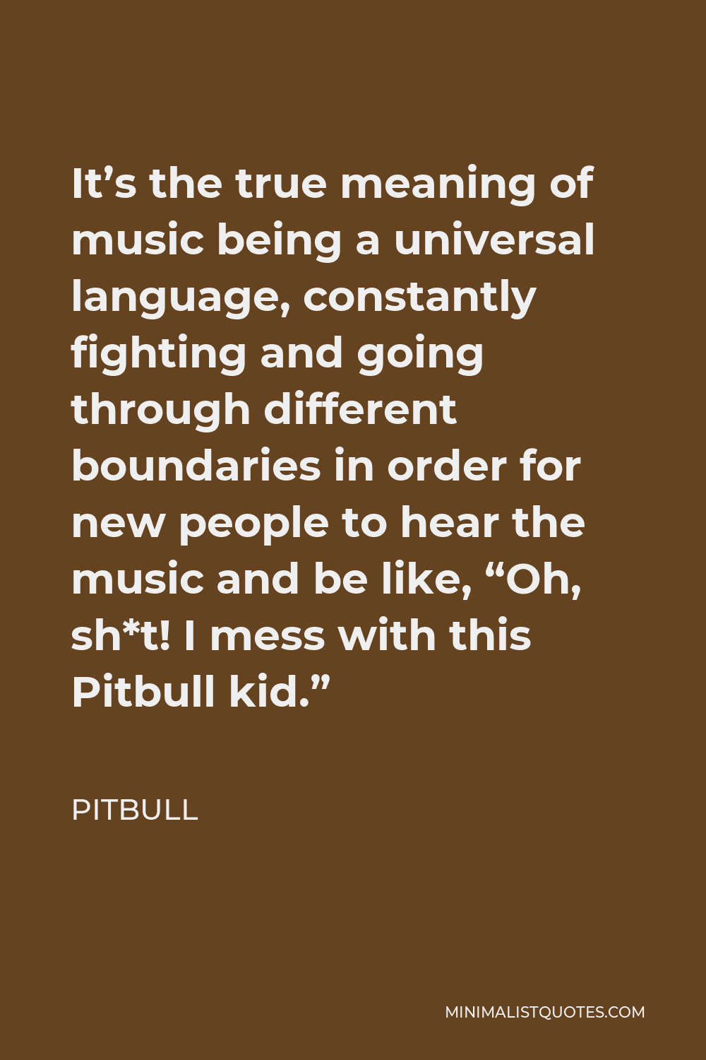 Pitbull Quote - It’s the true meaning of music being a universal language, constantly fighting and going through different boundaries in order for new people to hear the music and be like, “Oh, sh*t! I mess with this Pitbull kid.”