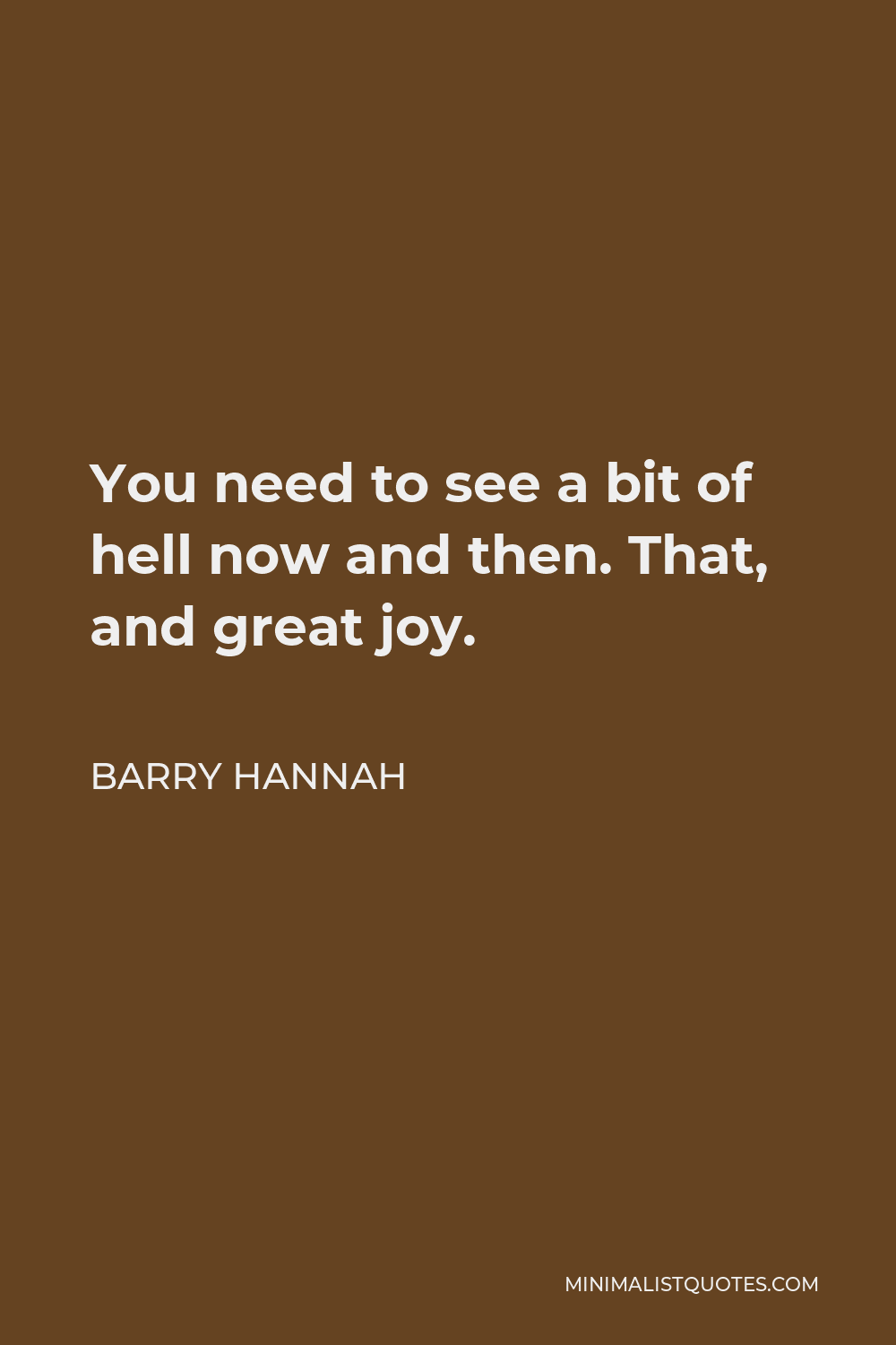 Barry Hannah Quote - You need to see a bit of hell now and then. That, and great joy.