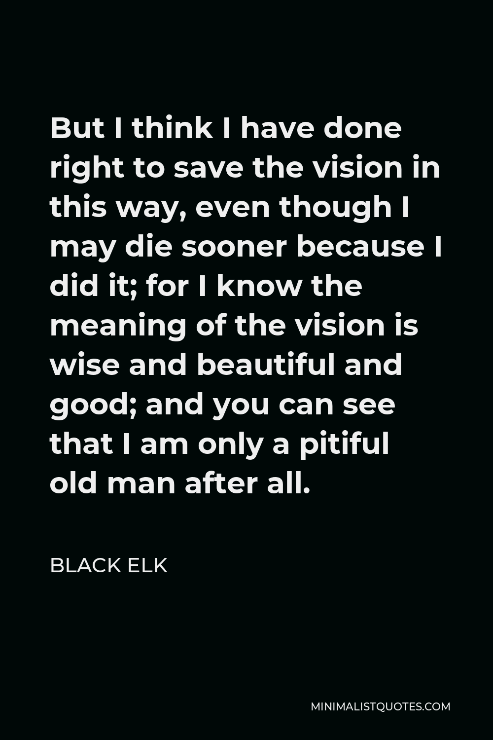 Black Elk Quote - But I think I have done right to save the vision in this way, even though I may die sooner because I did it; for I know the meaning of the vision is wise and beautiful and good; and you can see that I am only a pitiful old man after all.