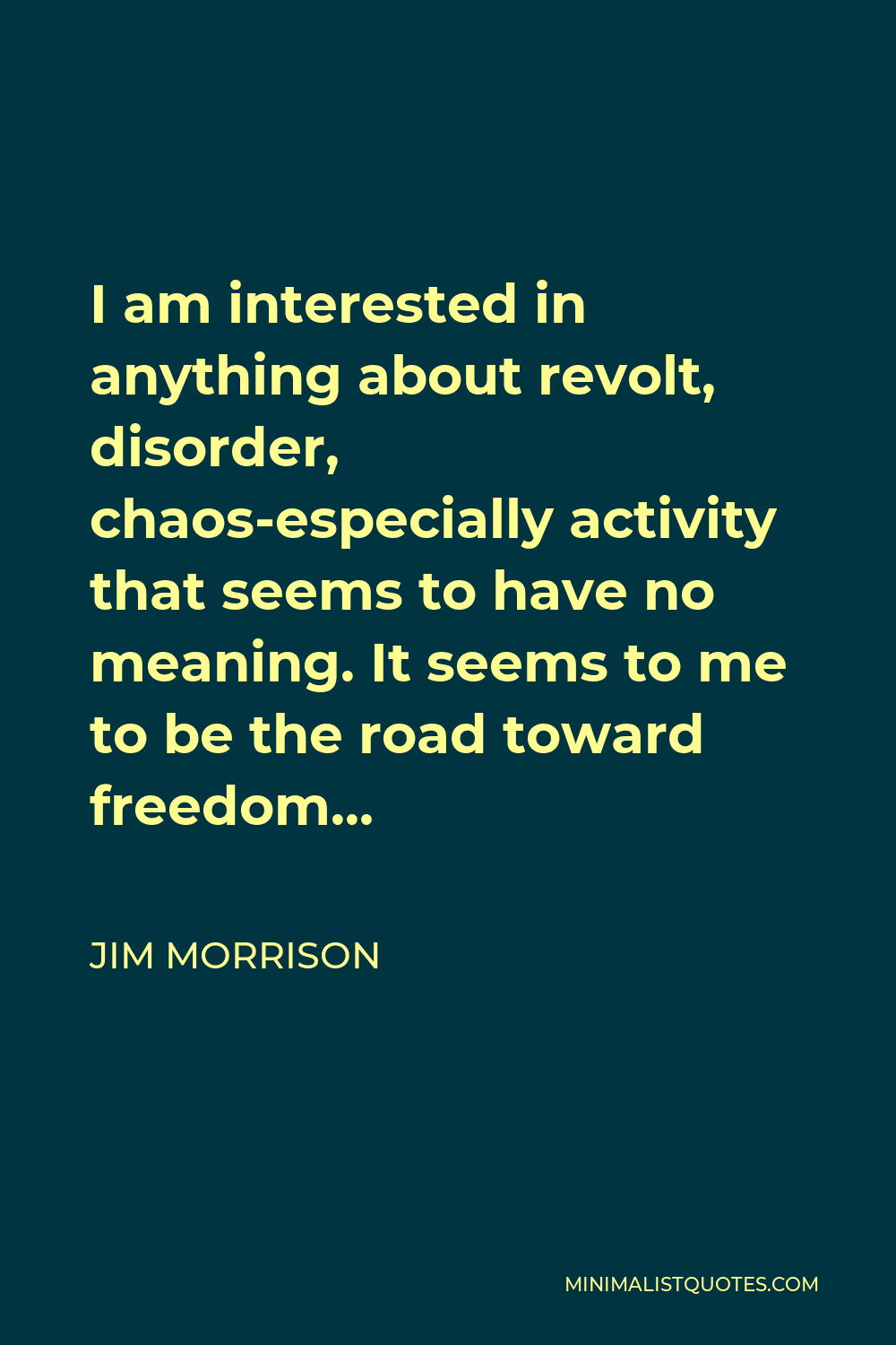 Jim Morrison Quote - I am interested in anything about revolt, disorder, chaos, especially activity that seems to have no meaning.