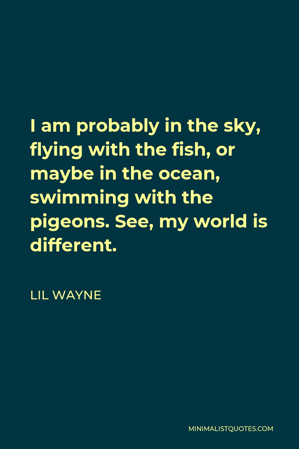 Lil Wayne Quote - I am probably in the sky, flying with the fish, or maybe in the ocean, swimming with the pigeons. See, my world is different.
