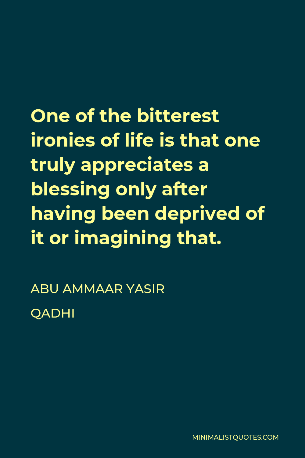 Abu Ammaar Yasir Qadhi Quote - One of the bitterest ironies of life is that one truly appreciates a blessing only after having been deprived of it or imagining that.