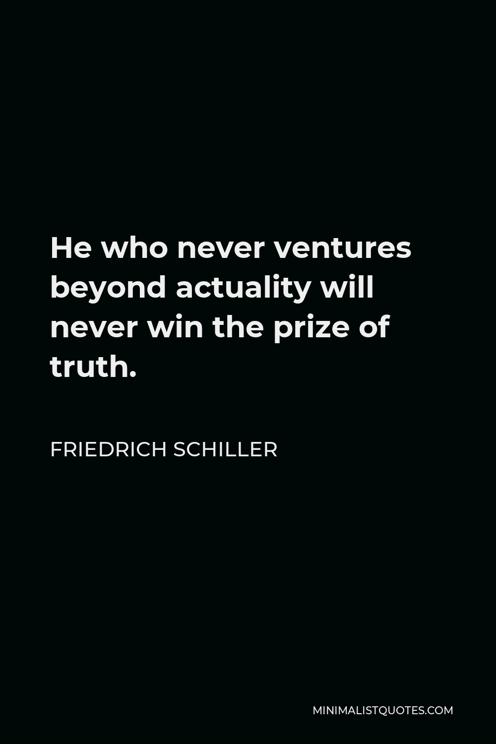 Friedrich Schiller Quote - He who never ventures beyond actuality will never win the prize of truth.