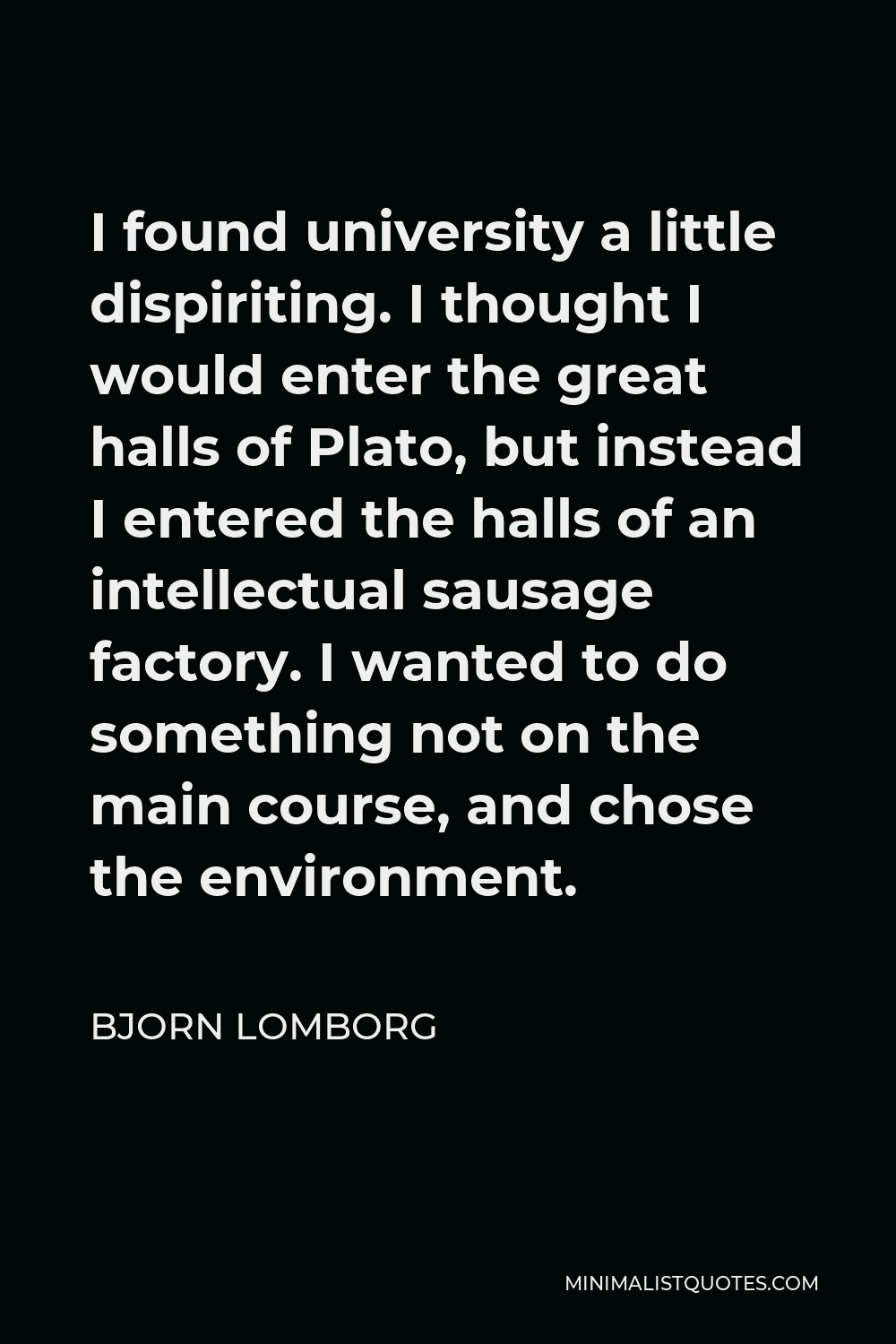 Bjorn Lomborg Quote - I found university a little dispiriting. I thought I would enter the great halls of Plato, but instead I entered the halls of an intellectual sausage factory. I wanted to do something not on the main course, and chose the environment.