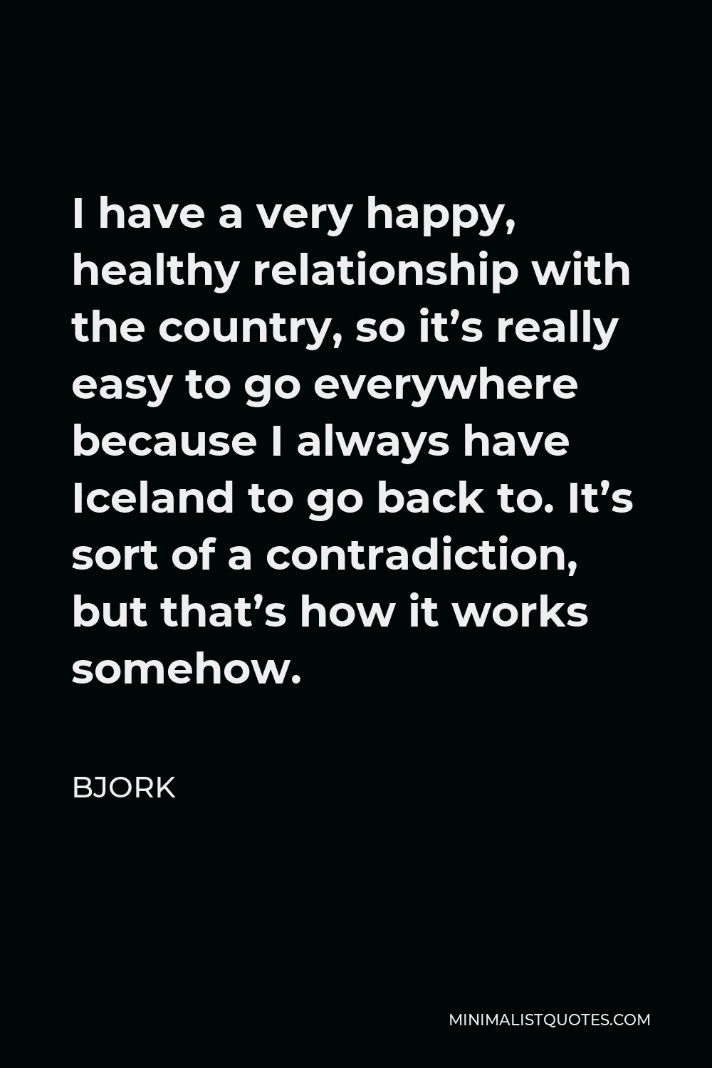 Bjork Quote - I have a very happy, healthy relationship with the country, so it’s really easy to go everywhere because I always have Iceland to go back to. It’s sort of a contradiction, but that’s how it works somehow.