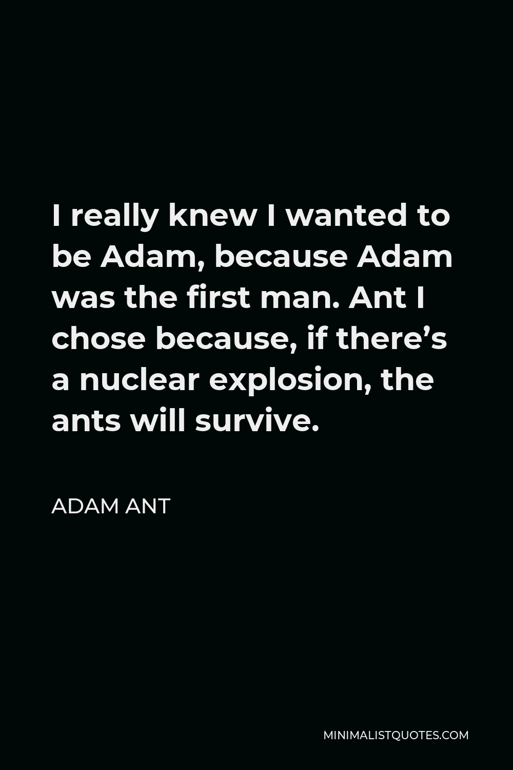Adam Ant Quote - I really knew I wanted to be Adam, because Adam was the first man. Ant I chose because, if there’s a nuclear explosion, the ants will survive.