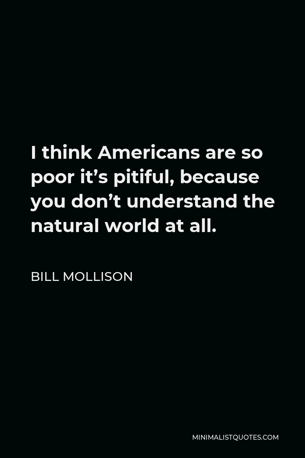 Bill Mollison Quote - I think Americans are so poor it’s pitiful, because you don’t understand the natural world at all.