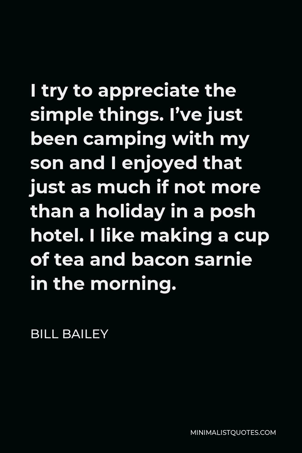Bill Bailey Quote - I try to appreciate the simple things. I’ve just been camping with my son and I enjoyed that just as much if not more than a holiday in a posh hotel. I like making a cup of tea and bacon sarnie in the morning.