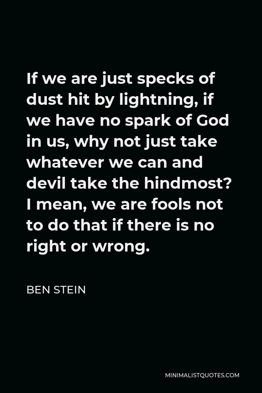 Ben Stein Quote - If we are just specks of dust hit by lightning, if we have no spark of God in us, why not just take whatever we can and devil take the hindmost? I mean, we are fools not to do that if there is no right or wrong.