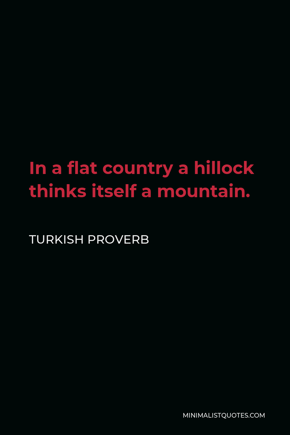 Turkish Proverb Quote - In a flat country a hillock thinks itself a mountain.