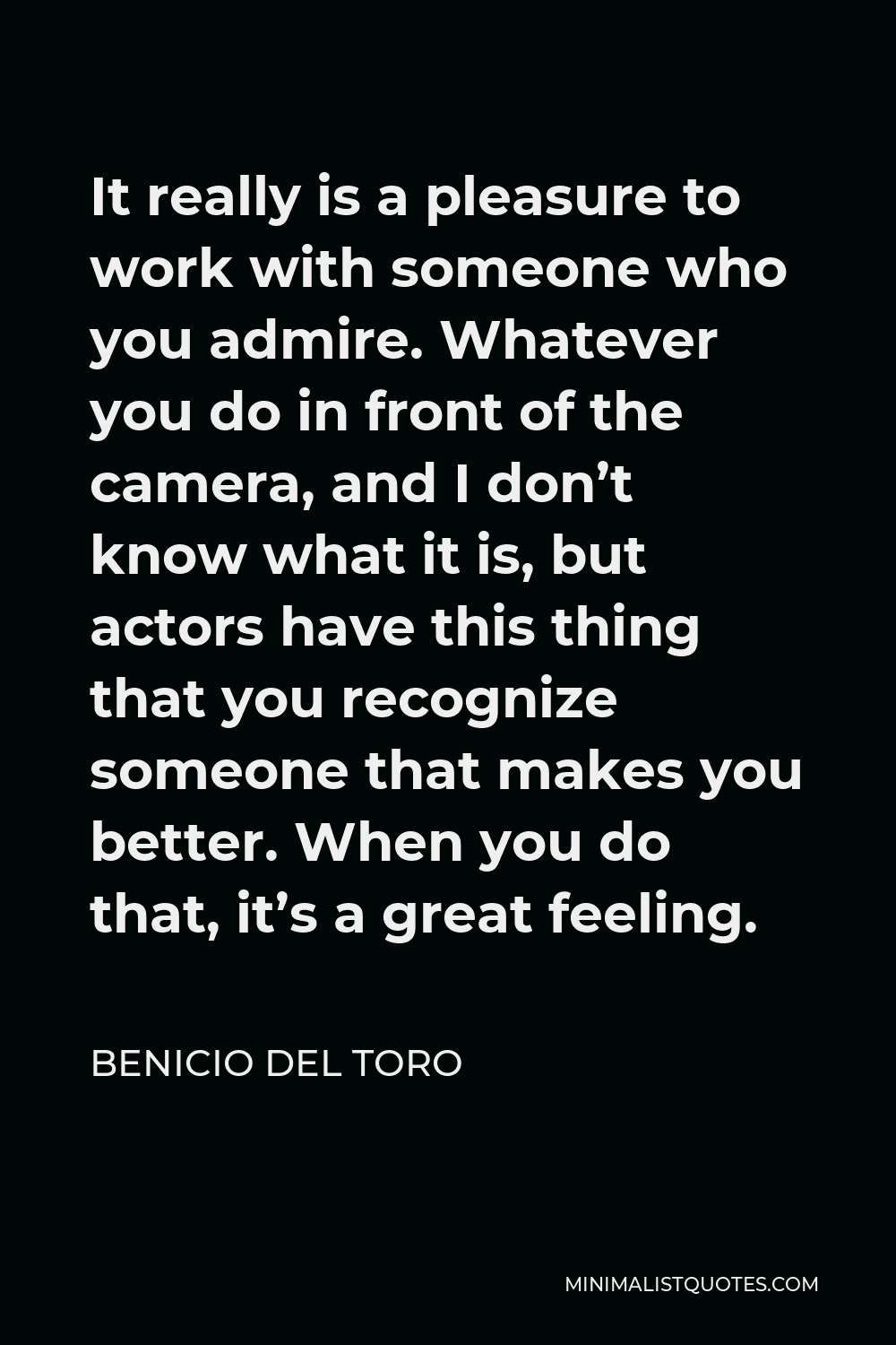 Benicio Del Toro Quote - It really is a pleasure to work with someone who you admire. Whatever you do in front of the camera, and I don’t know what it is, but actors have this thing that you recognize someone that makes you better. When you do that, it’s a great feeling.