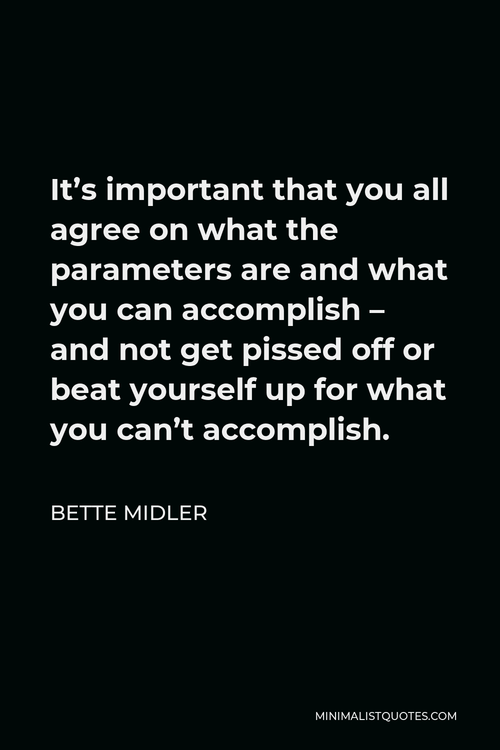 Bette Midler Quote - It’s important that you all agree on what the parameters are and what you can accomplish – and not get pissed off or beat yourself up for what you can’t accomplish.