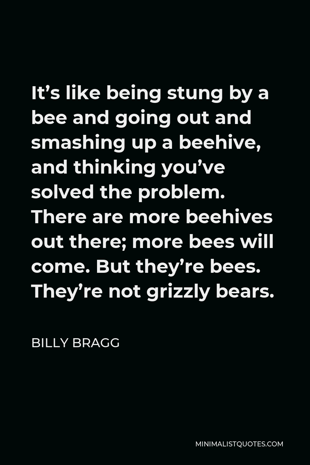 Billy Bragg Quote - It’s like being stung by a bee and going out and smashing up a beehive, and thinking you’ve solved the problem. There are more beehives out there; more bees will come. But they’re bees. They’re not grizzly bears.