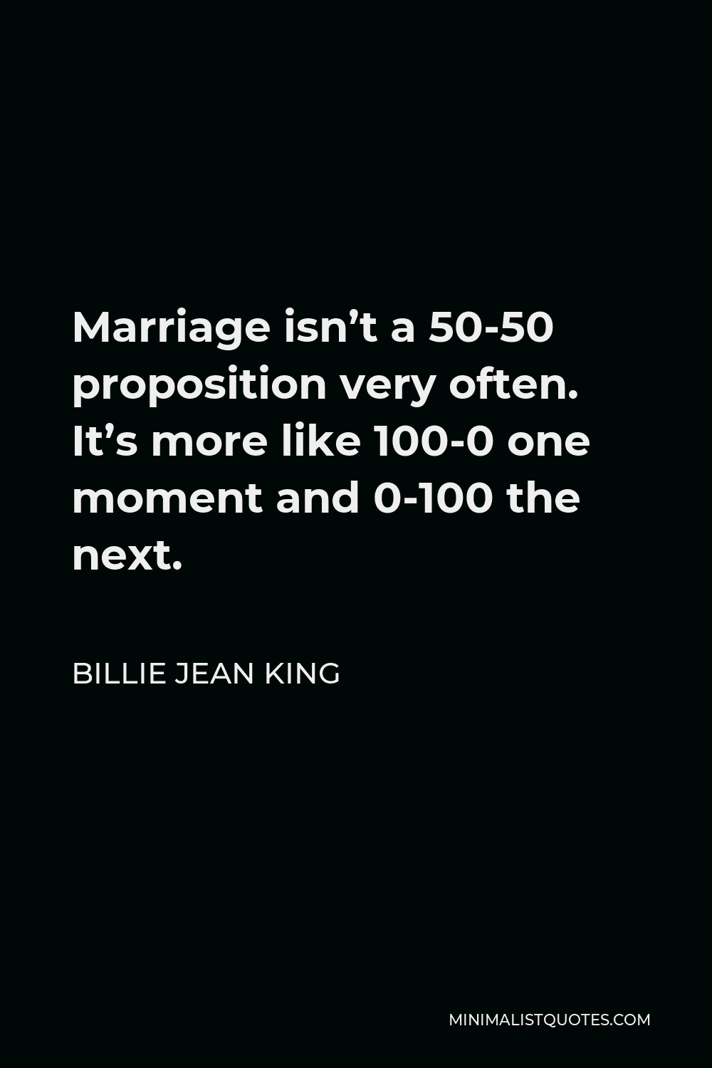 Billie Jean King Quote - Marriage isn’t a 50-50 proposition very often. It’s more like 100-0 one moment and 0-100 the next.