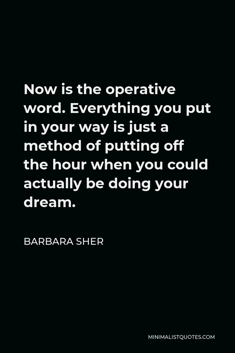 Barbara Sher Quote - Now is the operative word. Everything you put in your way is just a method of putting off the hour when you could actually be doing your dream.