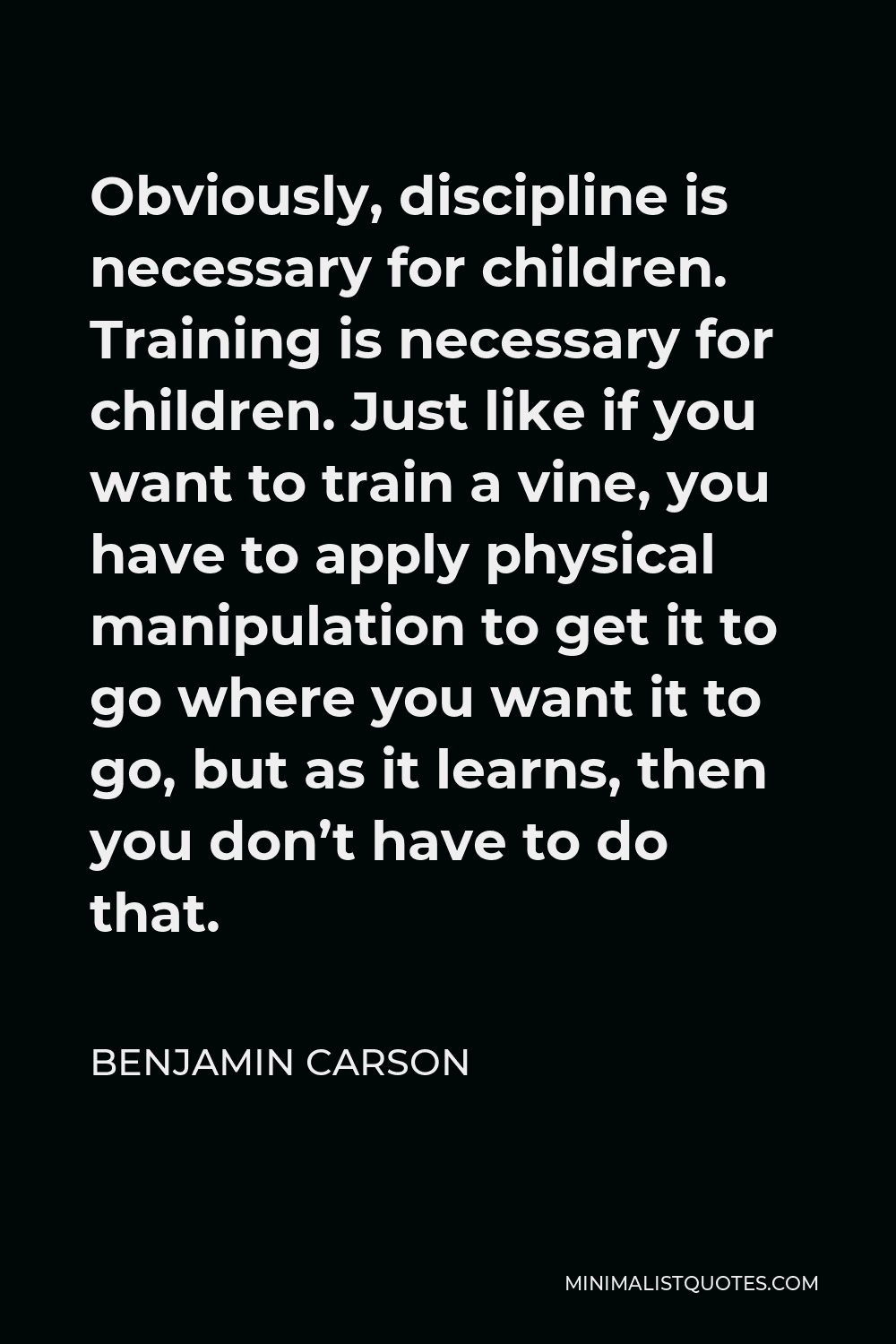 Benjamin Carson Quote - Obviously, discipline is necessary for children. Training is necessary for children. Just like if you want to train a vine, you have to apply physical manipulation to get it to go where you want it to go, but as it learns, then you don’t have to do that.