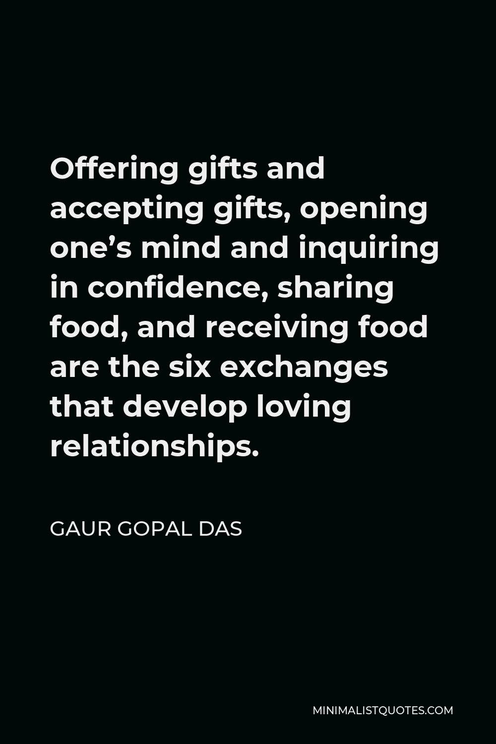 Gaur Gopal Das Quote - Offering gifts and accepting gifts, opening one’s mind and inquiring in confidence, sharing food, and receiving food are the six exchanges that develop loving relationships.