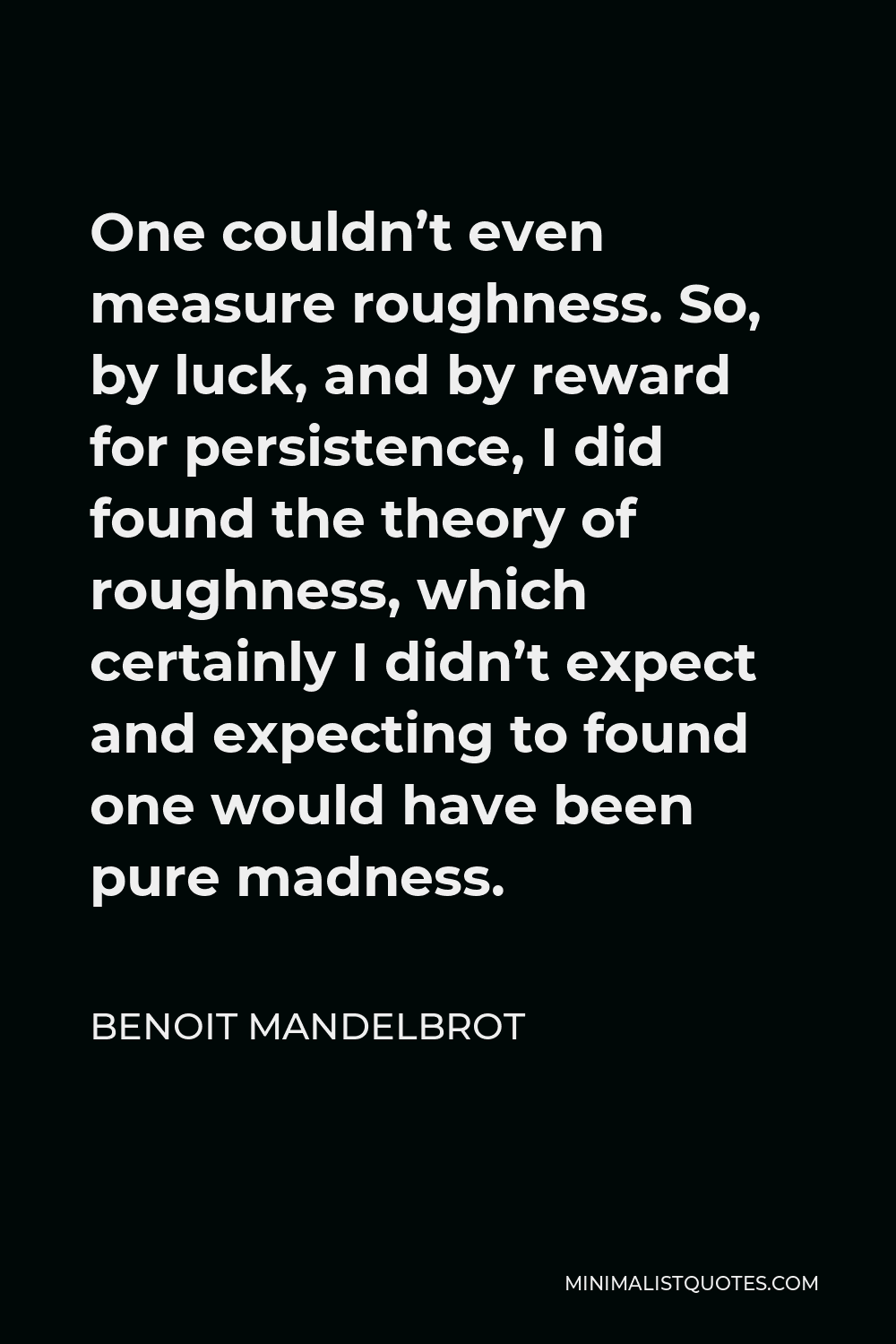 Benoit Mandelbrot Quote - One couldn’t even measure roughness. So, by luck, and by reward for persistence, I did found the theory of roughness, which certainly I didn’t expect and expecting to found one would have been pure madness.