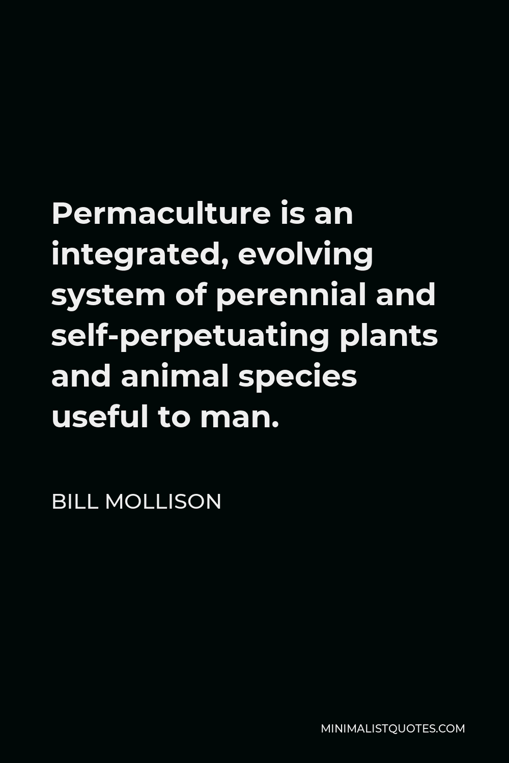 Bill Mollison Quote - Permaculture is an integrated, evolving system of perennial and self-perpetuating plants and animal species useful to man.