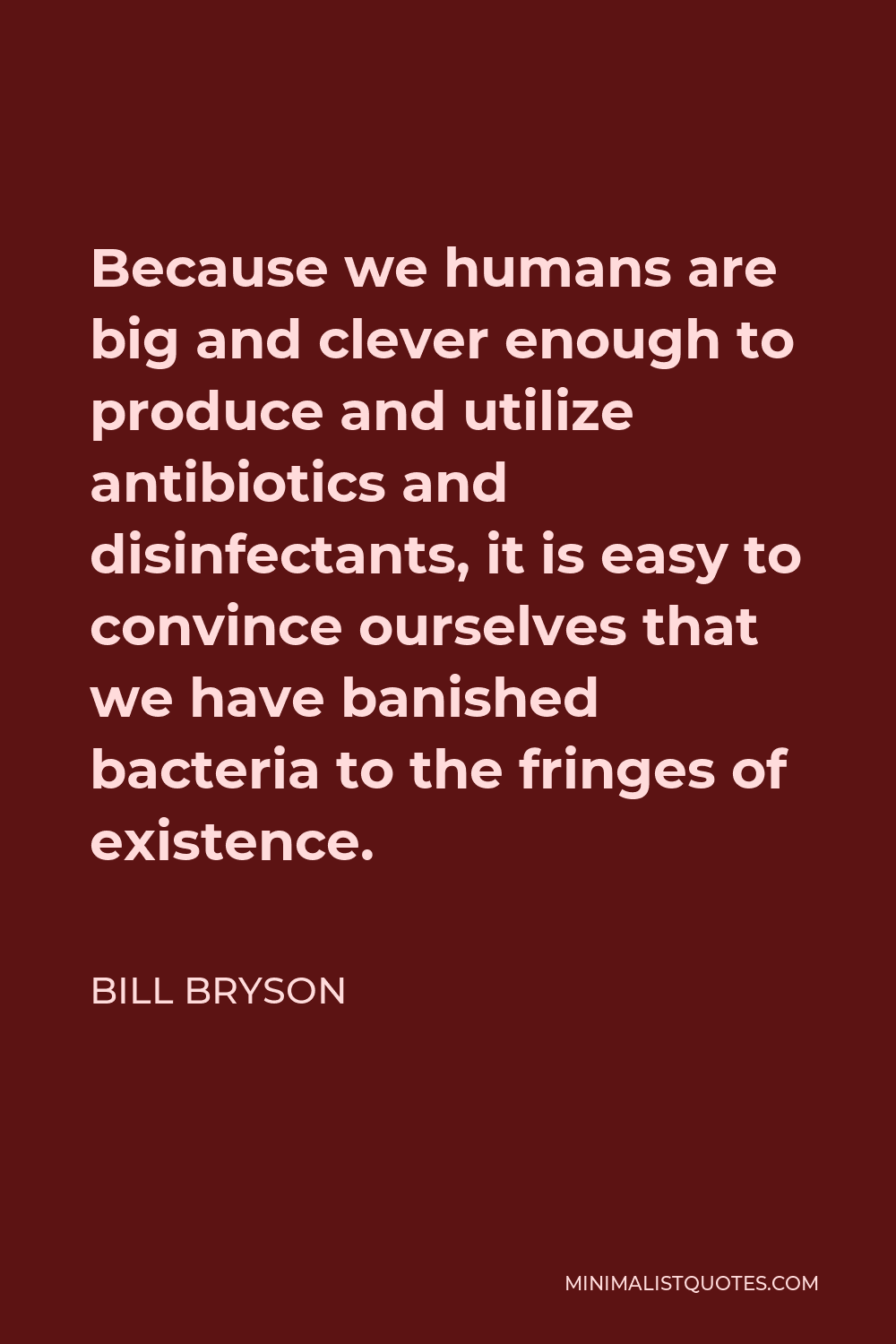 Bill Bryson Quote - Because we humans are big and clever enough to produce and utilize antibiotics and disinfectants, it is easy to convince ourselves that we have banished bacteria to the fringes of existence.