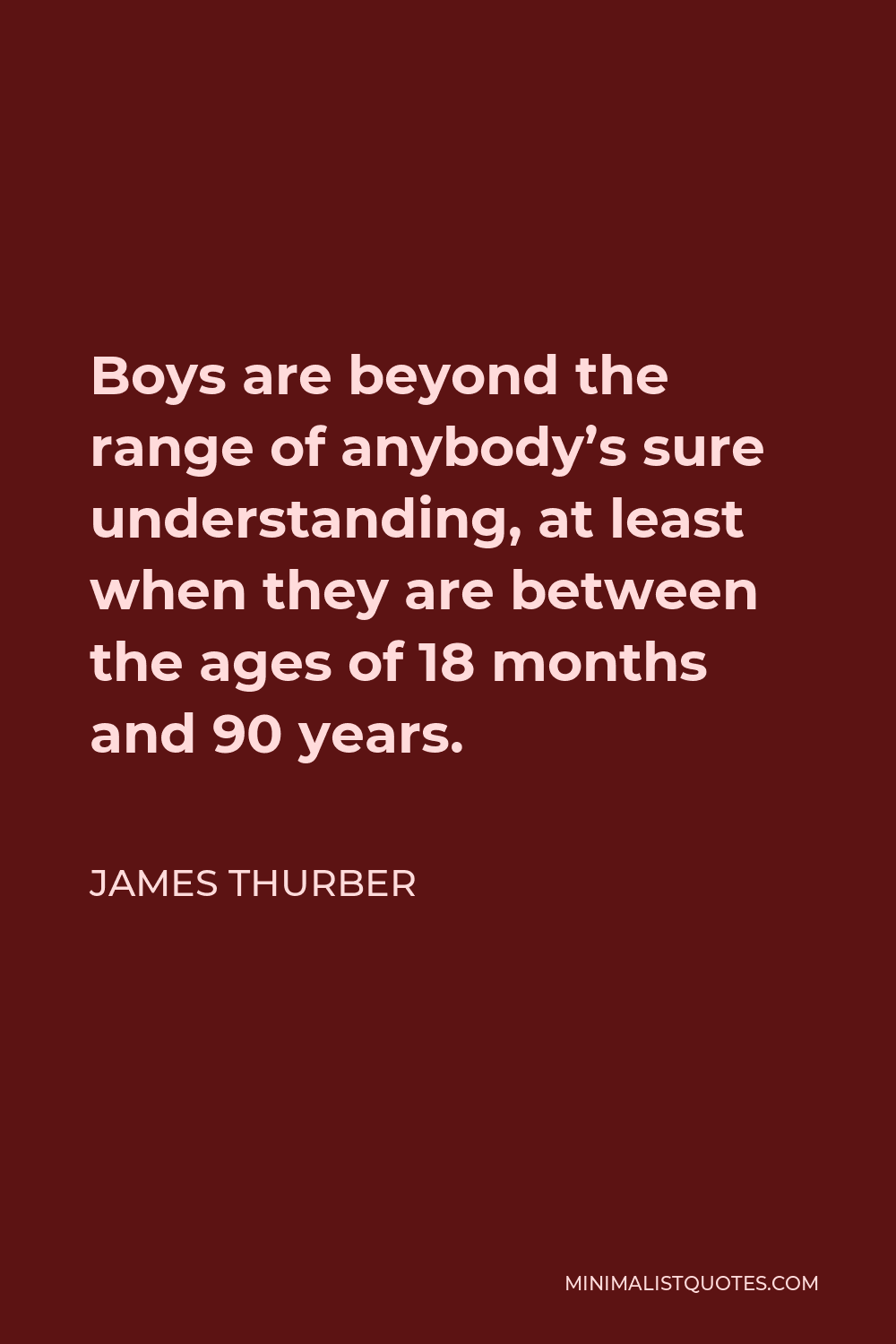 James Thurber Quote - Boys are beyond the range of anybody’s sure understanding, at least when they are between the ages of 18 months and 90 years.