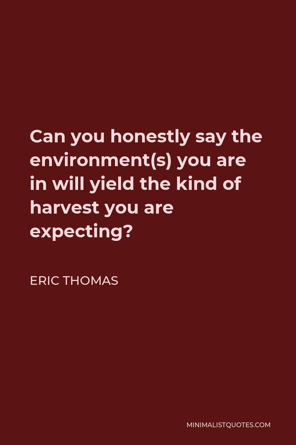 Eric Thomas Quote - Can you honestly say the environment(s) you are in will yield the kind of harvest you are expecting?