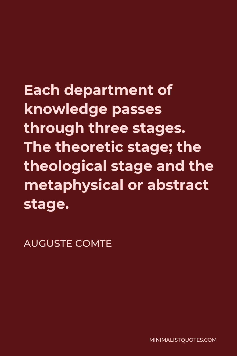 Auguste Comte Quote - Each department of knowledge passes through three stages. The theoretic stage; the theological stage and the metaphysical or abstract stage.
