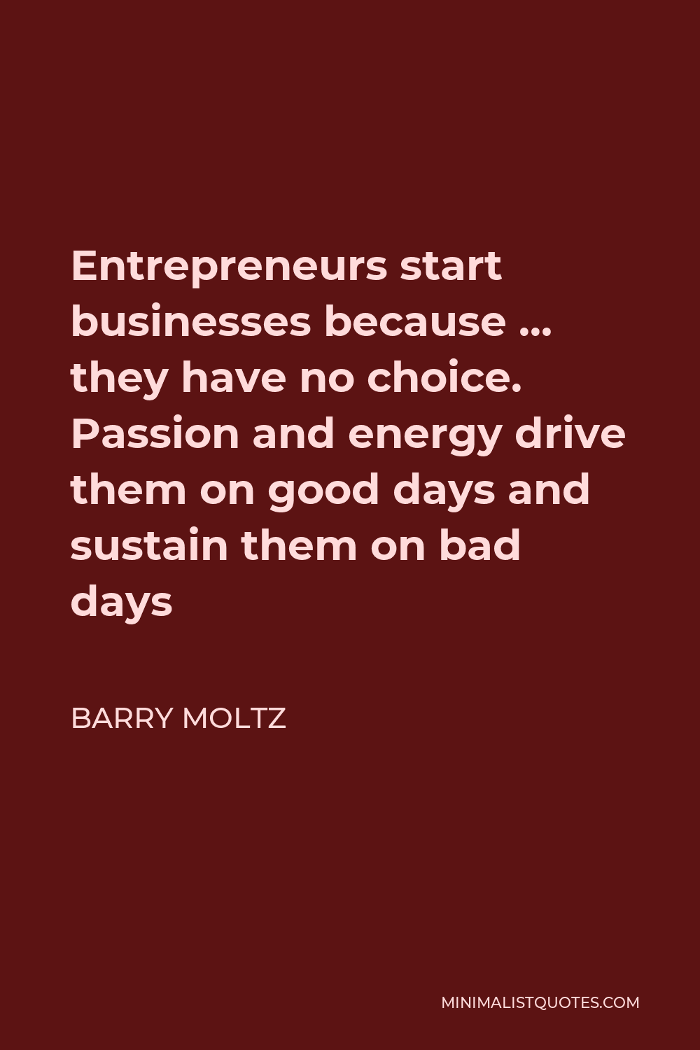 Barry Moltz Quote - Entrepreneurs start businesses because … they have no choice. Passion and energy drive them on good days and sustain them on bad days