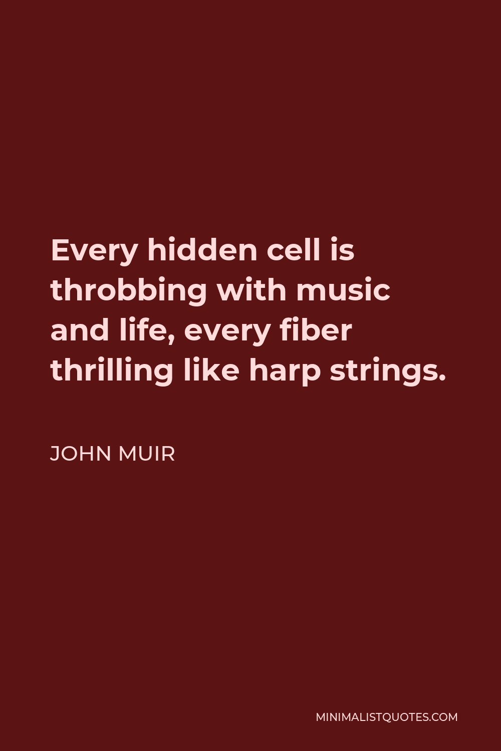 John Muir Quote - Every hidden cell is throbbing with music and life, every fiber thrilling like harp strings.