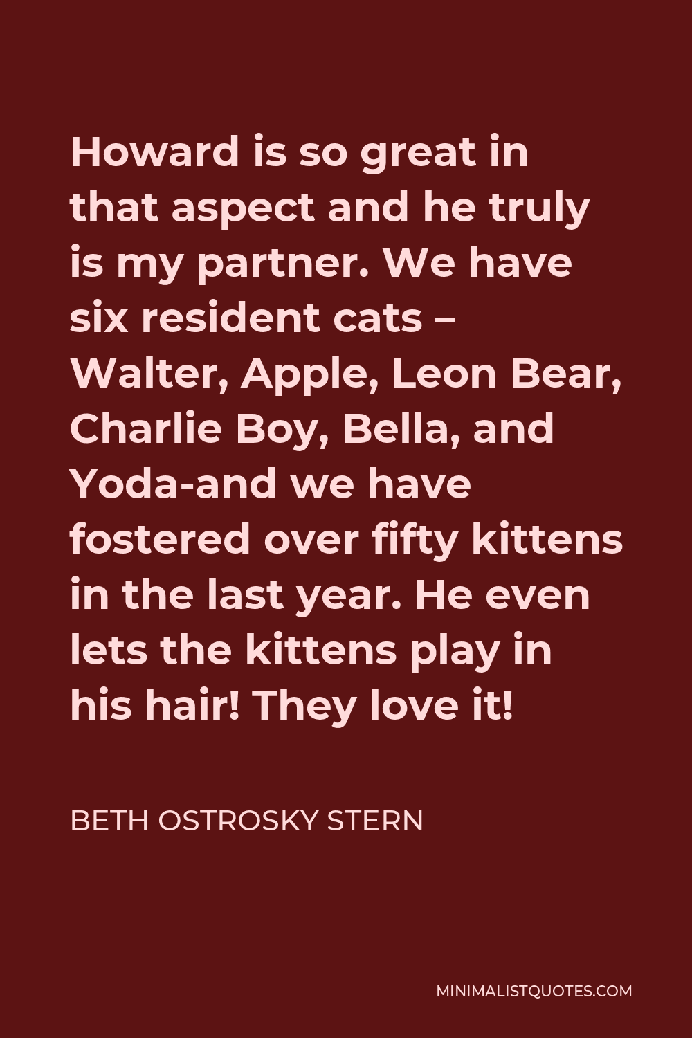 Beth Ostrosky Stern Quote - Howard is so great in that aspect and he truly is my partner. We have six resident cats – Walter, Apple, Leon Bear, Charlie Boy, Bella, and Yoda-and we have fostered over fifty kittens in the last year. He even lets the kittens play in his hair! They love it!