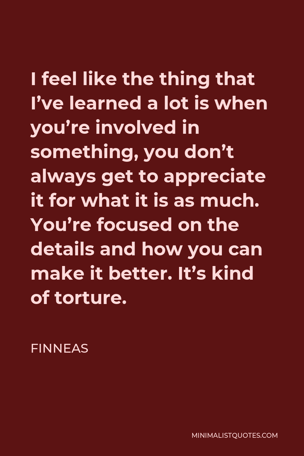 Finneas Quote - I feel like the thing that I’ve learned a lot is when you’re involved in something, you don’t always get to appreciate it for what it is as much. You’re focused on the details and how you can make it better. It’s kind of torture.