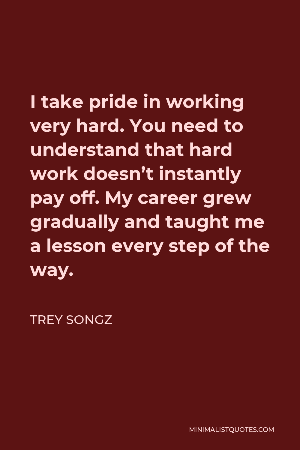 Trey Songz Quote - I take pride in working very hard. You need to understand that hard work doesn’t instantly pay off. My career grew gradually and taught me a lesson every step of the way.