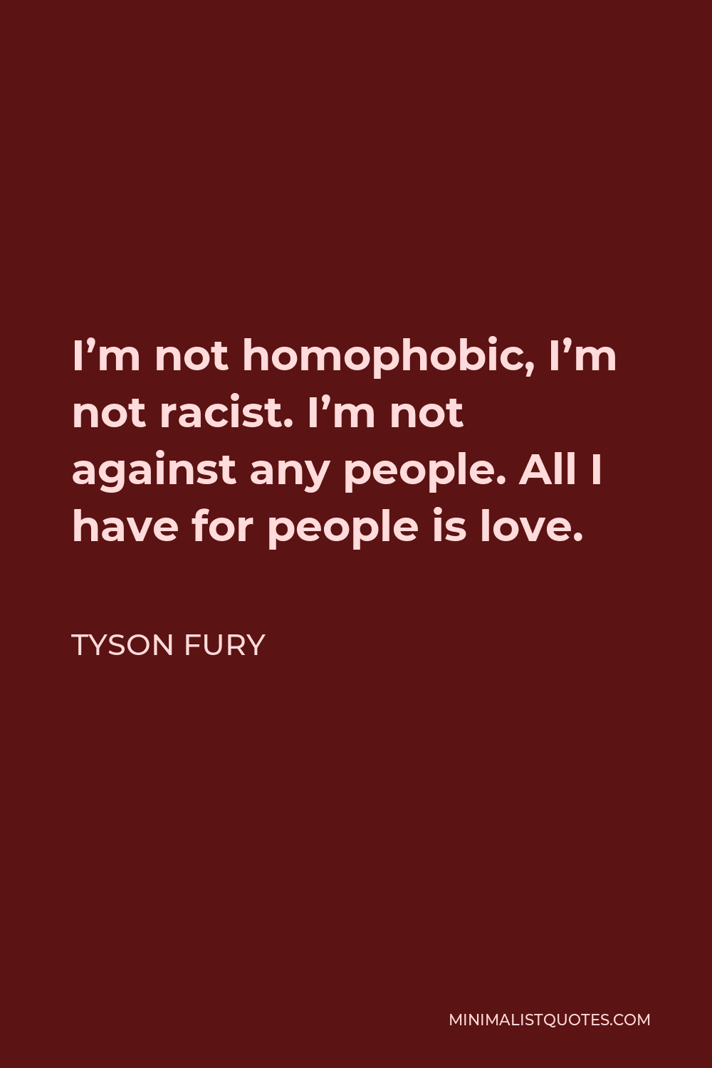 Tyson Fury Quote - I’m not homophobic, I’m not racist. I’m not against any people. All I have for people is love.